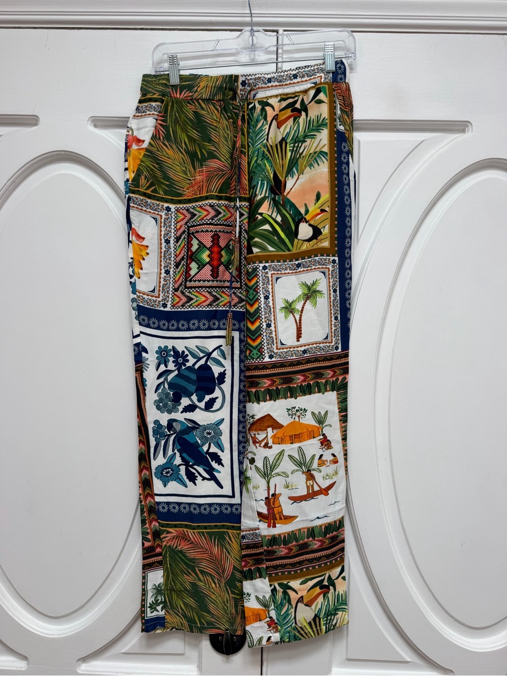 Farm Rio Tropical Patchwork Wide-Leg Pants in Green & Navy S